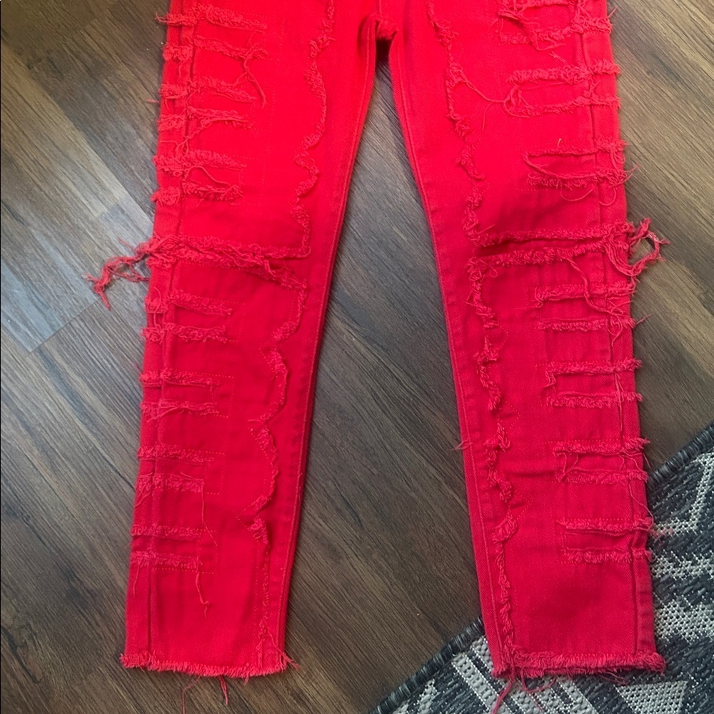 Red distressed raw hem jeans size 12Y - Picture 2 of 4